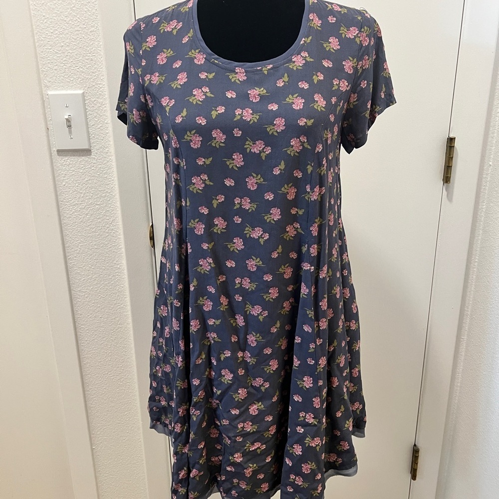 Mittoshop Floral Swing Dress Women’s Small – Blue Pink Flower Print Rayon Short